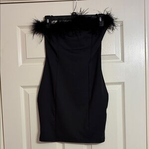 Elegant Black Strapless Black marabou trim Dress